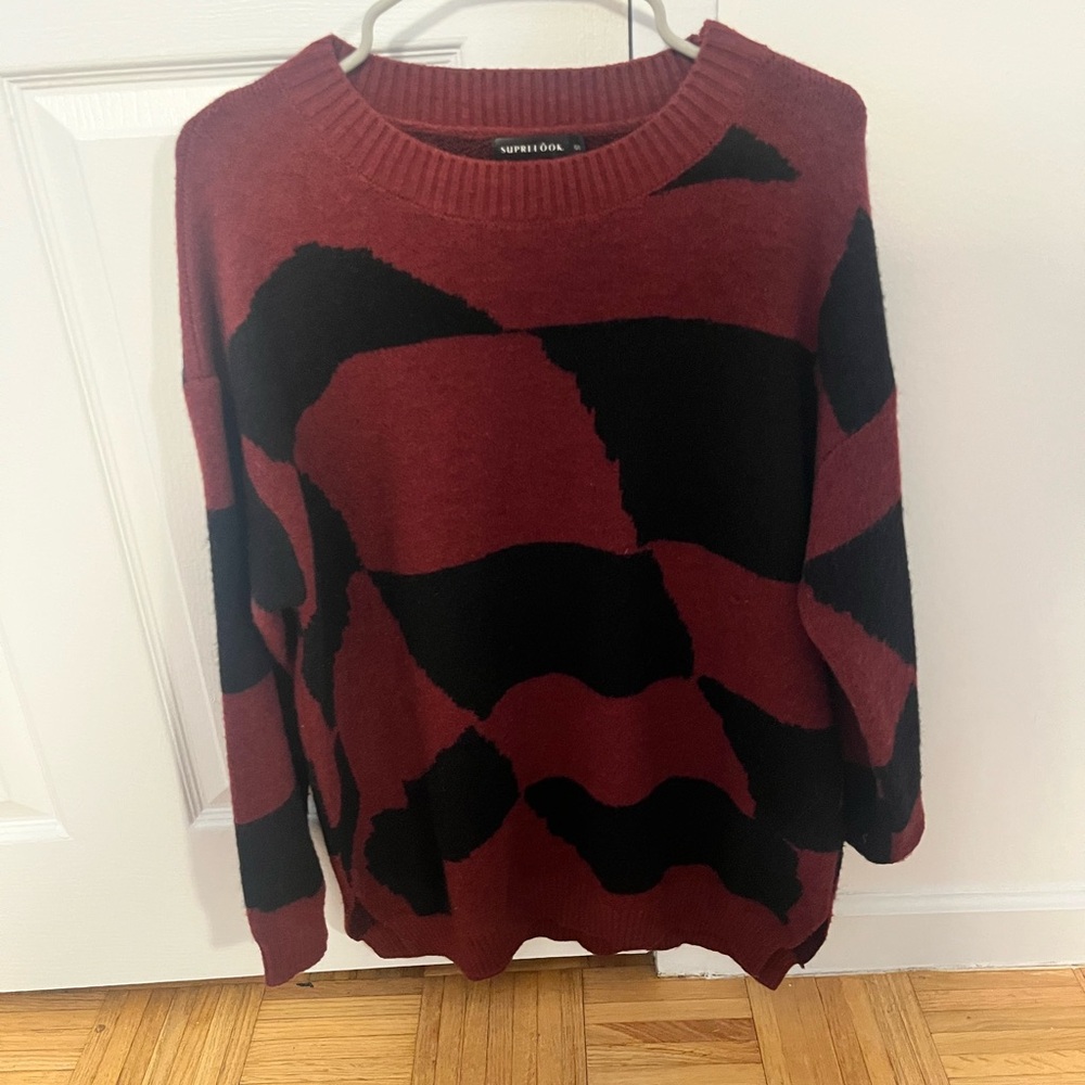 Superdry Red and Black Crew Neck Sweater with Geometric Design
